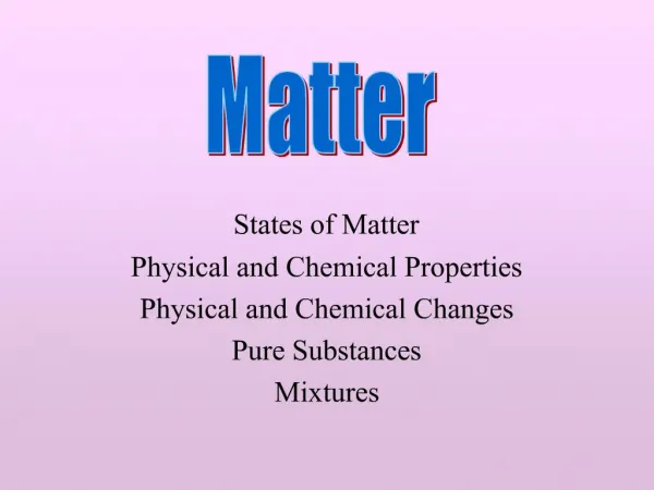 States of Matter Physical and Chemical Properties Physical and Chemical Changes Pure Substances Mixtures