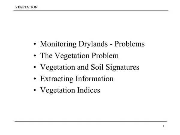 Monitoring Drylands - Problems The Vegetation Problem Vegetation and Soil Signatures Extracting Information Vegetation I