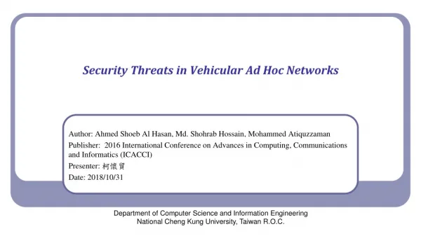 Security Threats in Vehicular Ad Hoc Networks