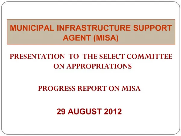 PRESENTATION TO THE SELECT COMMITTEE ON APPROPRIATIONS PROGRESS REPORT ON MISA 29 AUGUST 2012