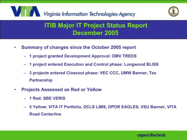 ITIB Major IT Project Status Report December 2005