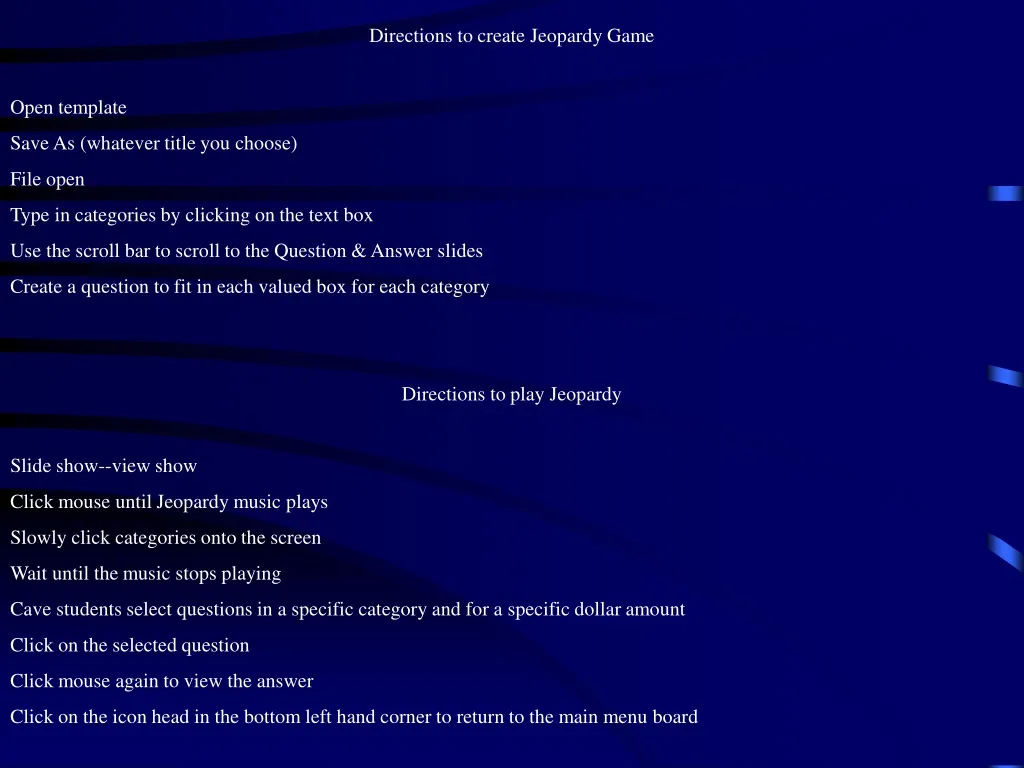 directions to create jeopardy game open template