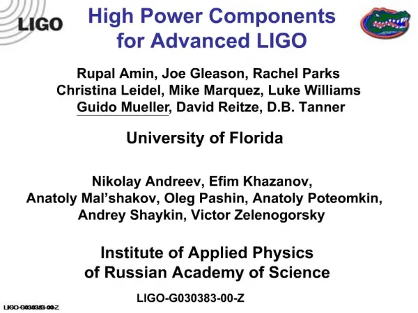 High Power Components for Advanced LIGO