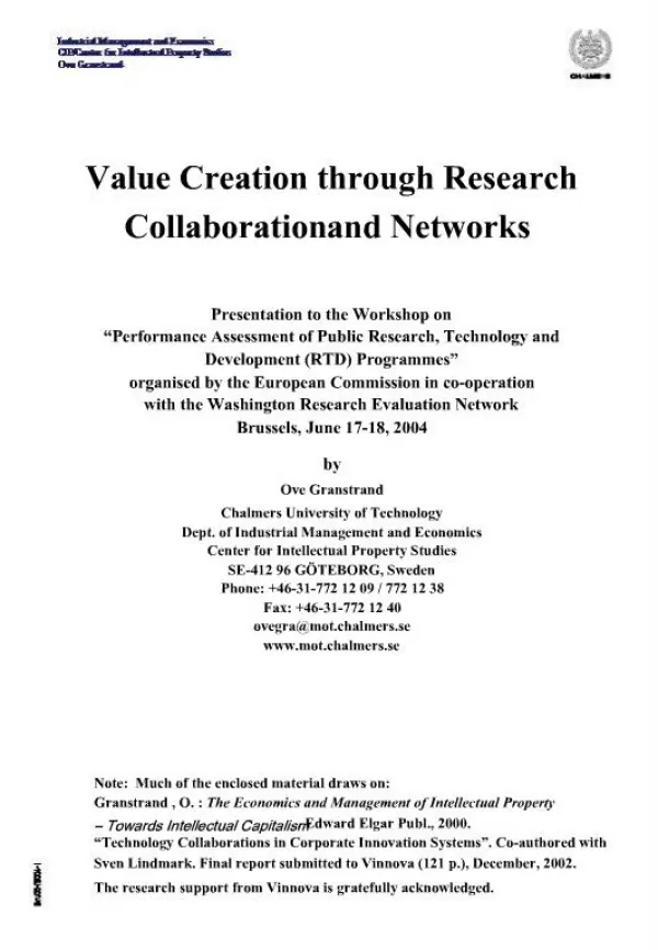 Value Creation through Research Collaboration and Networks