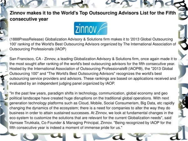 Zinnov makes it to the World's Top Outsourcing Advisors List