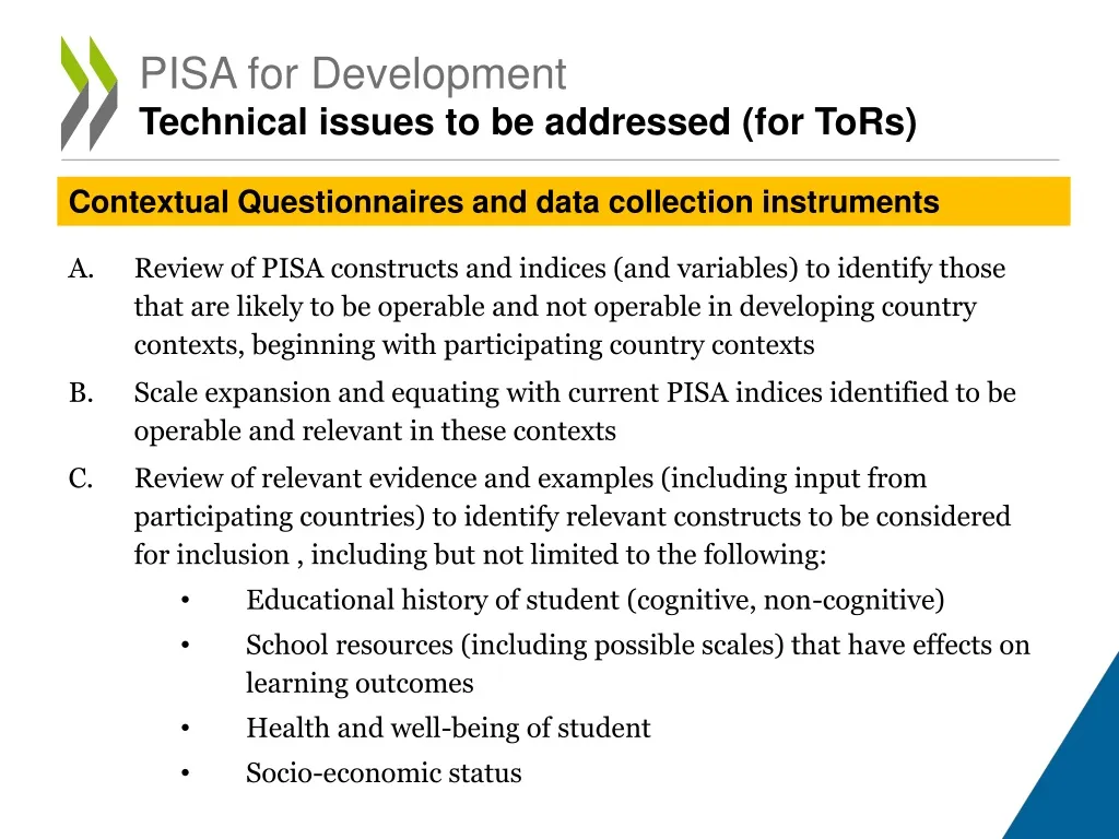 pisa for development technical issues to be addressed for tors