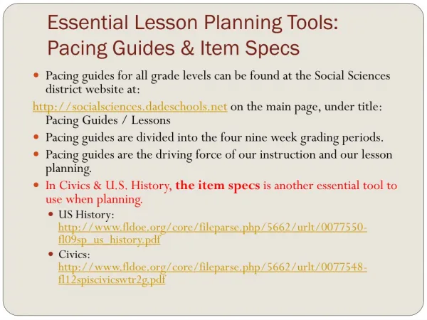 Essential Lesson Planning Tools: Pacing Guides &amp; Item Specs