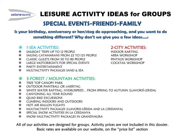 LEISURE ACTIVITY IDEAS for GROUPS