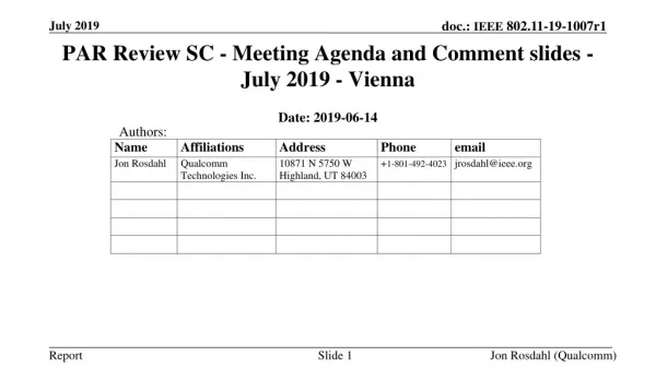 PAR Review SC - Meeting Agenda and Comment slides - July 2019 - Vienna