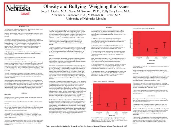 Obesity and Bullying: Weighing the Issues Jody L. Lieske, M.A., Susan M. Swearer, Ph.D., Kelly Brey Love, M.A., Amanda A
