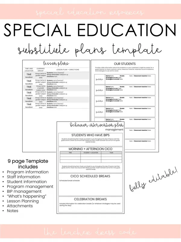 SPECIAL EDUCATION substitute plans template