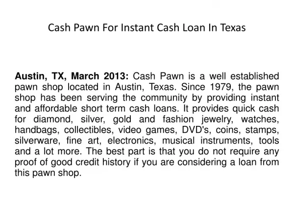 Cash Pawn For Instant Cash Loan In Texas