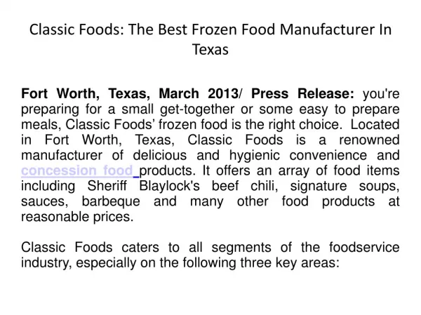 Classic Foods: The Best Frozen Food Manufacturer In Texas