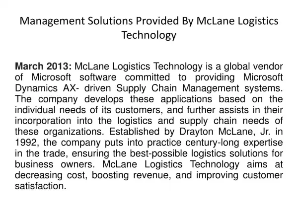 Management Solutions Provided By McLane Logistics Technology