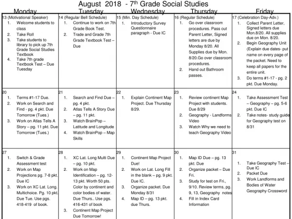 August 201 8 - 7 th Grade Social Studies