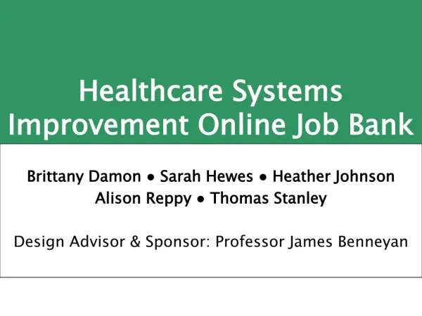 Healthcare Systems Improvement Online Job Bank