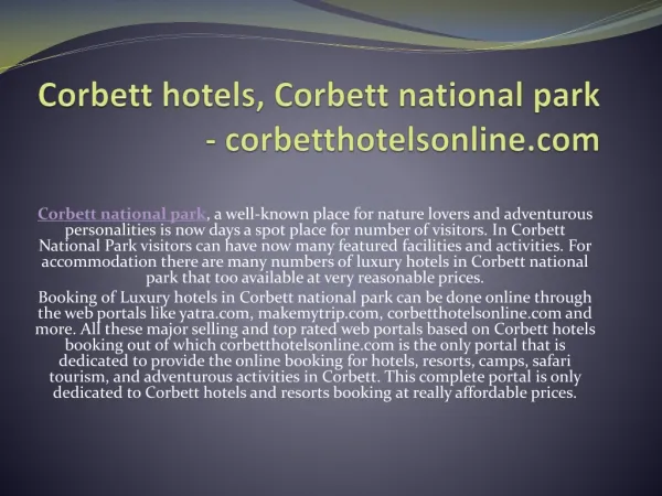 Corbett hotels, Corbett national park - corbetthotelsonline.