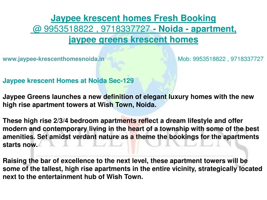 jaypee krescent homes fresh booking @ 9953518822