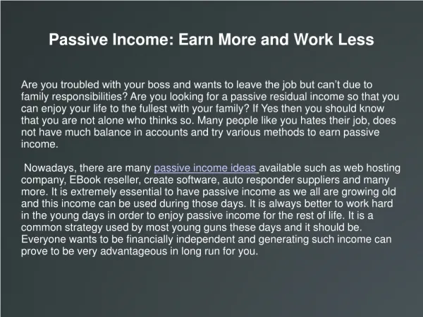 Passive Income: Earn More and Work Less
