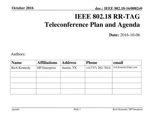 IEEE 802.18 RR-TAG Teleconference Plan and Agenda