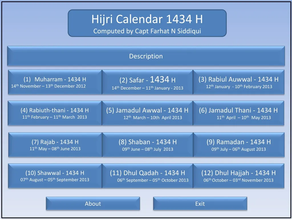 hijri calendar 1434 h computed by capt farhat