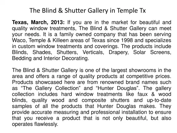The Blind & Shutter Gallery in Temple Tx