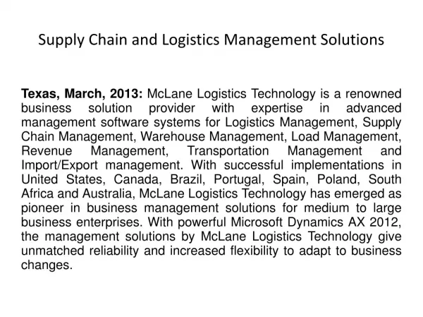 Supply Chain and Logistics Management Solutions