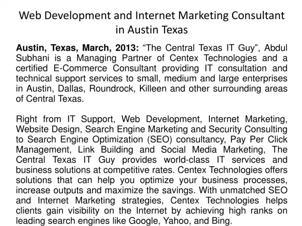 Web Development and Internet Marketing Consultant in Austin