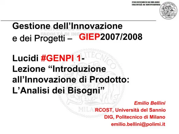 Gestione dell Innovazione e dei Progetti GIEP 2007