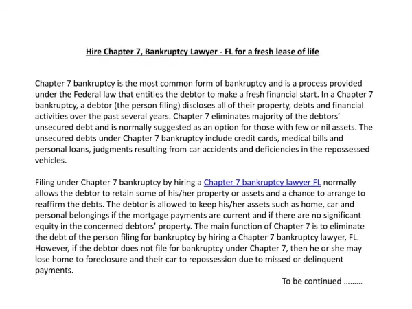 Hire Chapter 7, Bankruptcy Lawyer - FL for a fresh lease of