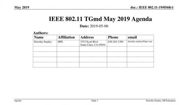 IEEE 802.11 TGmd May 2019 Agenda