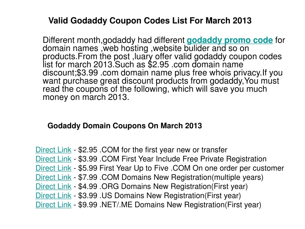 valid godaddy coupon codes list for march 2013