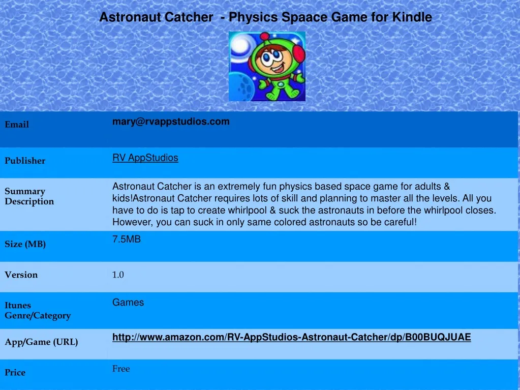 astronaut catcher physics spaace game for kindle