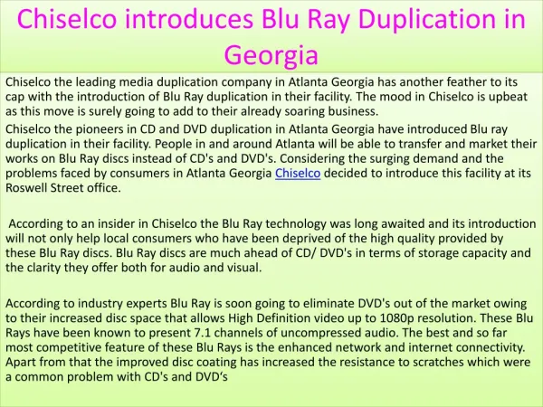 Chiselco introduces Blu Ray Duplication in Georgia