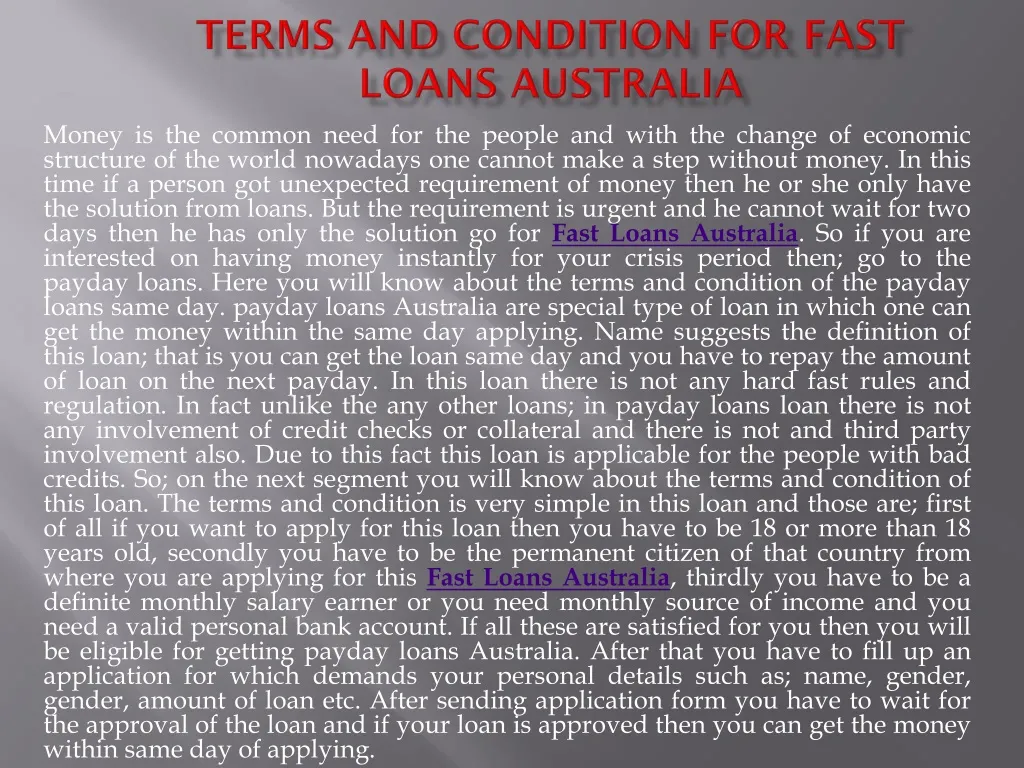 terms and condition for fast loans australia