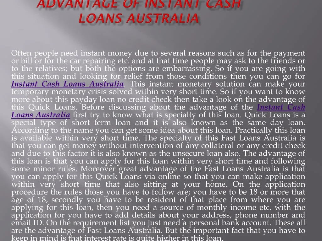 advantage of instant cash loans australia