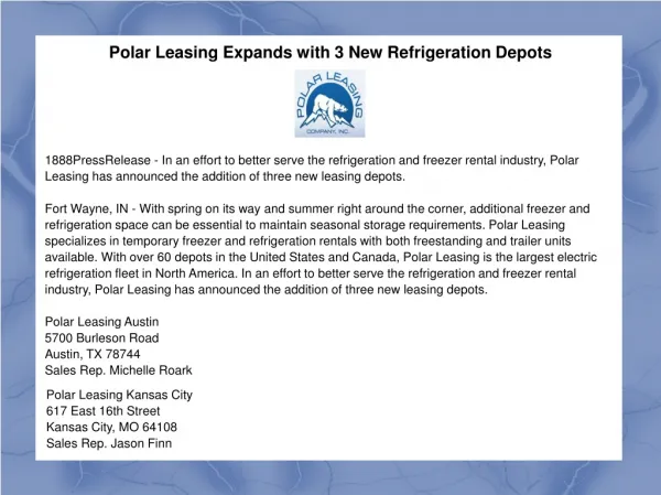 Polar Leasing Expands with 3 New Refrigeration Depots