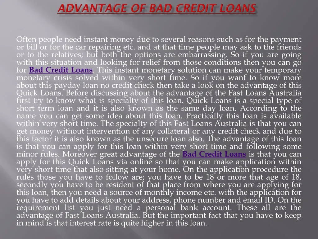 advantage of bad credit loans