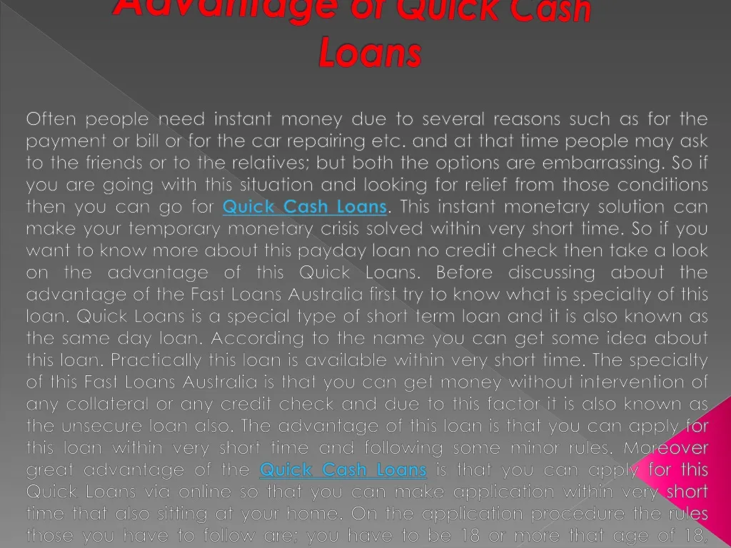 advantage of quick cash loans