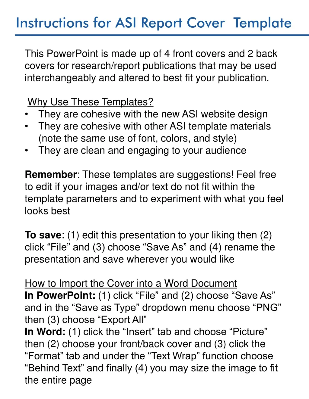 instructions for asi report cover template