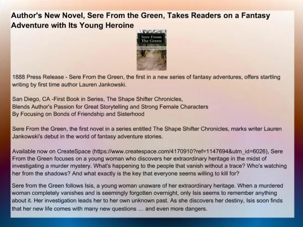 Author's New Novel, Sere From the Green, Takes Readers on a