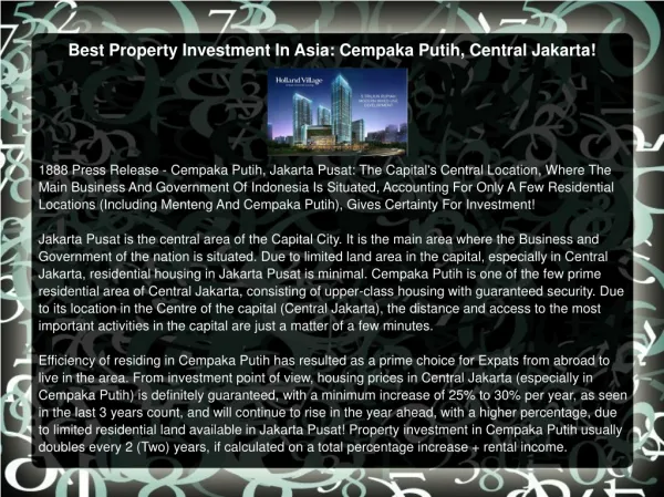 Best Property Investment In Asia: Cempaka Putih, Central Jak