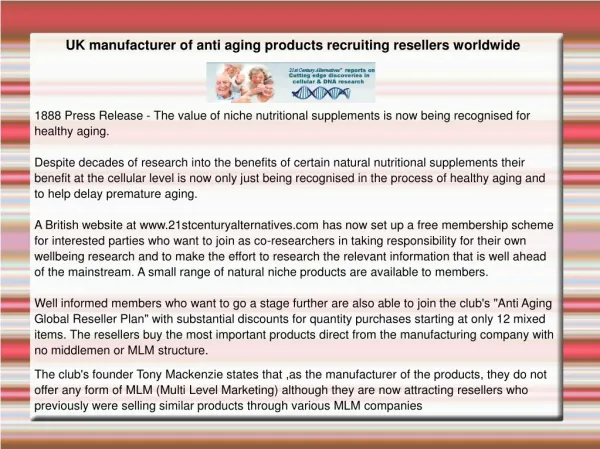 UK manufacturer of anti aging products recruiting resellers