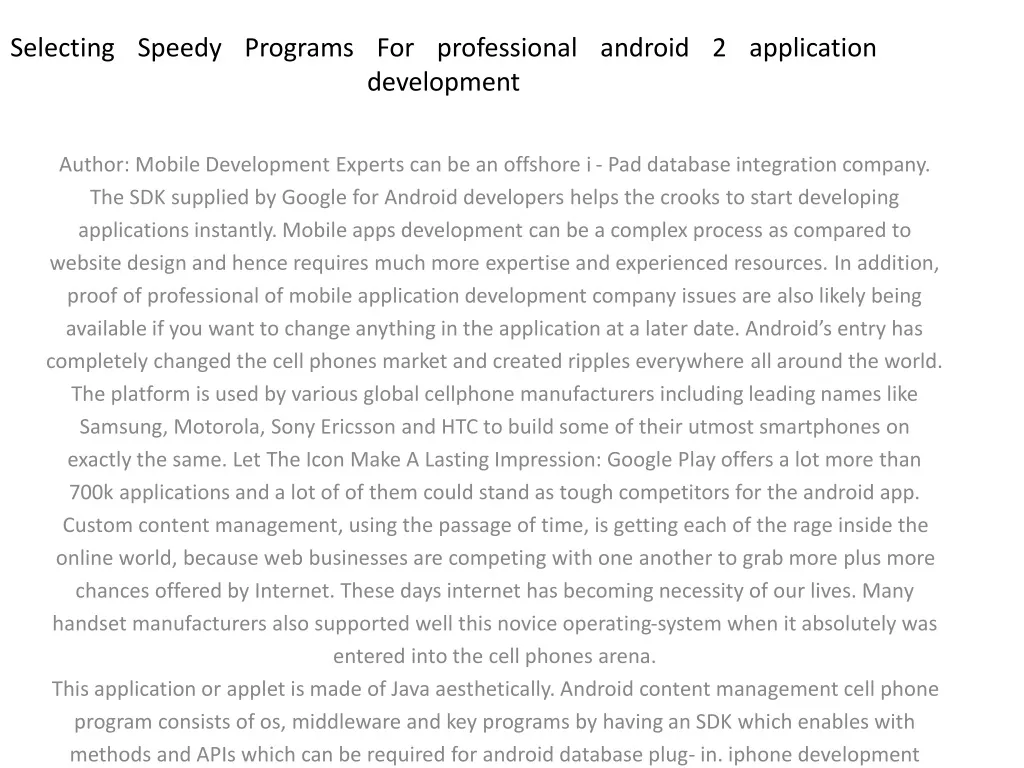 selecting speedy programs for professional android 2 application development