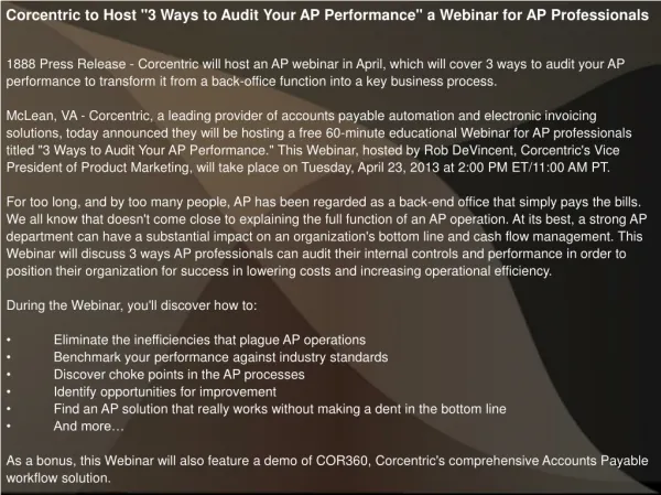 Corcentric to Host "3 Ways to Audit Your AP Performance" a W
