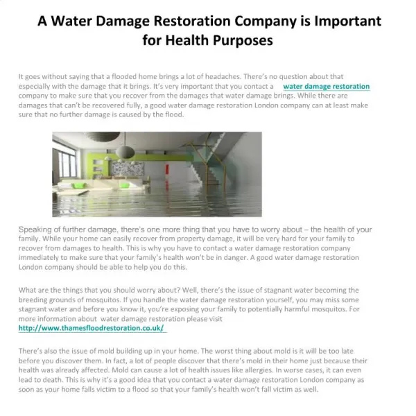 A Water Damage Restoration Company is Important for Health P