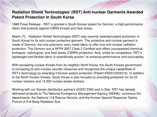 Radiation Shield Technologies' (RST) Anti-nuclear Garments