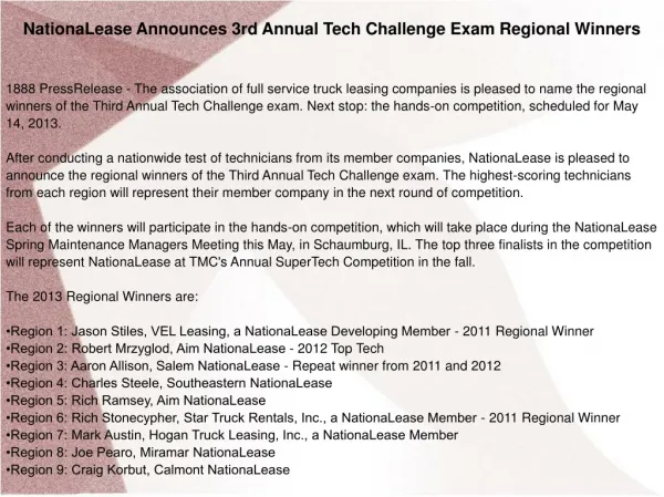 NationaLease Announces 3rd Annual Tech Challenge Exam Region