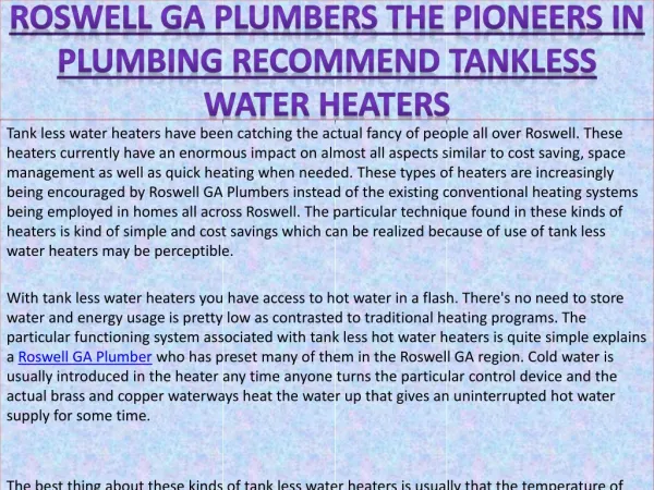 Roswell GA plumbers the pioneers in plumbing recommend Tankl