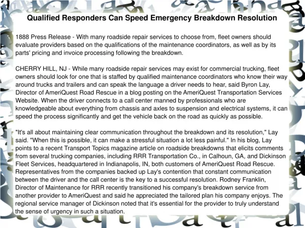 Qualified Responders Can Speed Emergency Breakdown